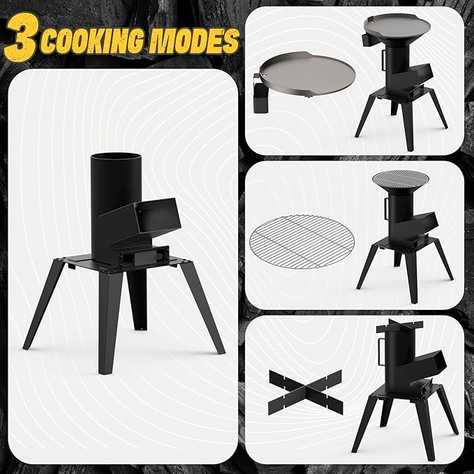 3-in-1 Camp Rocket Stove Kit with BBQ Grate, Griddle, Pot Rack, Portable Wood Burning Stove with Detachable Stand, Camping Gear for Outdoor Cooking Patio Barbecue RV Tailgating, GS345