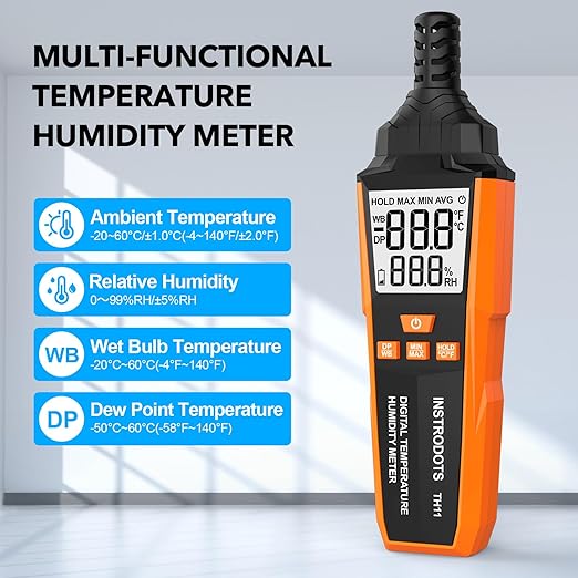 Temperature Humidity Meter, High Precision Digital Hygrometer with Ambient, Dew Point, Wet Bulb Temperature for Indoor Outdoor, Thermometer with Min/Max, Data Hold, LCD Backlight, TH11