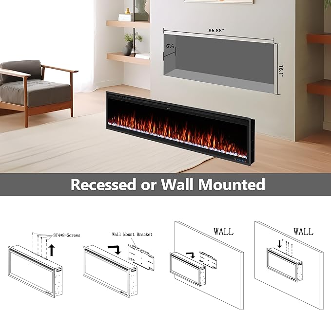 Benrocks 88'' Smart Electric Fireplace Inserts, WiFi-Enabled Recessed & Wall Mounted Fireplace, 13 * 13 * 3 Color Combinations, App Control Fireplace Heater, Timer, Logs & Crystals 750/1500W Black