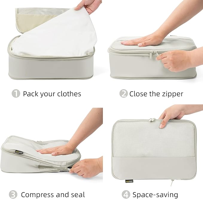 4 Piece Compression Packing Cubes for Suitcases and Backpack, Lightweight Travel Organizers (Off-White)
