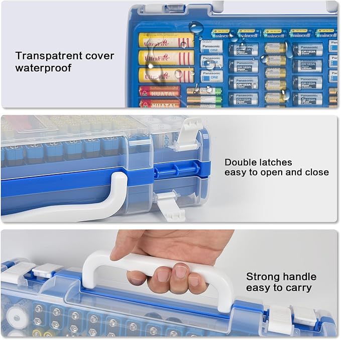 Battery Organizer Storage Holder Case with Double-Sided, Garage Box with Tester Checker. Batteries Container for 269pcs AA AAA AAAA 3A 4A 9V C D Lithium 4LR44 CR2 CR123A CR1632 CR2032 18650 - Blue