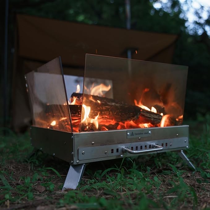 Outdoor Wood Burning Fire Pit Table with Glass Wind Guard and Portable Stainless Steel Wood Stove for Camping Hot Tent Shelter, Patio Backyard Garden Deck Camping