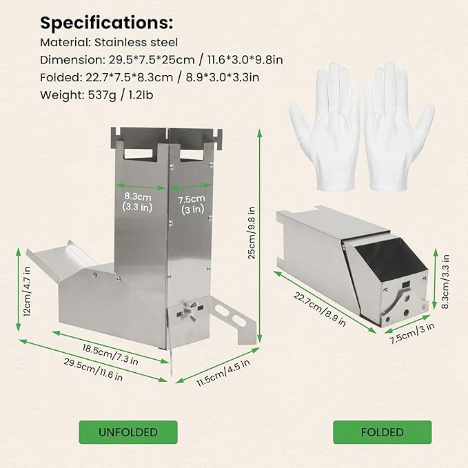 GEEKHOM Rocket Stove Portable Camping Stove - Mini Stainless Steel Folding Wood Burning Stove w/Storage Bag & Gloves | Efficient for Camp, Picnic, Hunting, Fishing, BBQ