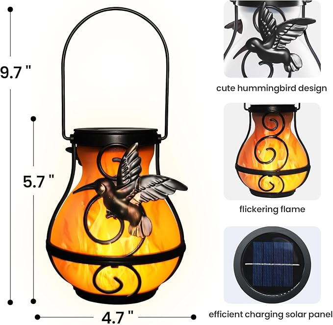 X-PREK 2 Pack Solar Lanterns Outdoor Waterproof Hummingbird Hanging Solar Lantern Flickering Flame Lights Solar Powered Lamps Garden Patio Porch Decoration