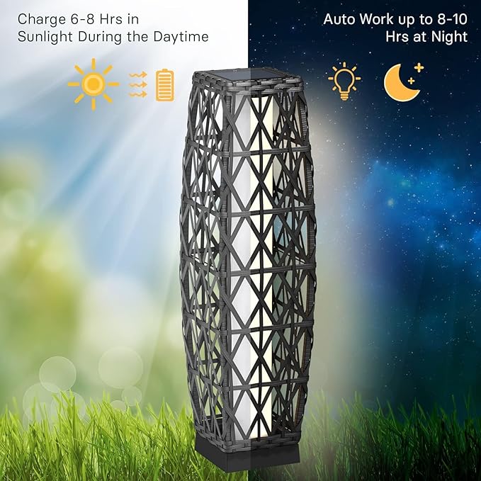 Grand patio 2-Piece Solar Outdoor Floor Lamp Solar Powered Wicker Lantern Outdoor Weather-Resistant Deck Light for Garden Porch Yard-Silver Gray, Large Cindy