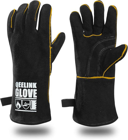 QeeLink Welding Gloves - Heat Resistant Leather and Fireproof Stitching for Fireplace Fire Pit Wood Stove BBQ Gardening Gear