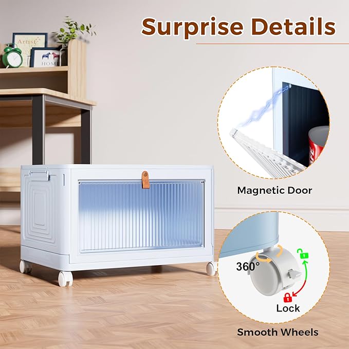 4 Tier Stackable Plastic Storage Bins with Lid and Wheels - 23 QT Closet Organizers and Storage, Foldable Storage Containers, Organization and Storage Boxes for Craft, Home, Pantry, Dorm,Blue