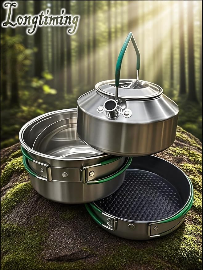 Stainless Steel Camping Cookware, durable, easy to clean, and quick to heat up. Compact camping cookware set, perfect for family picnics, camping, backpacking, hiking.
