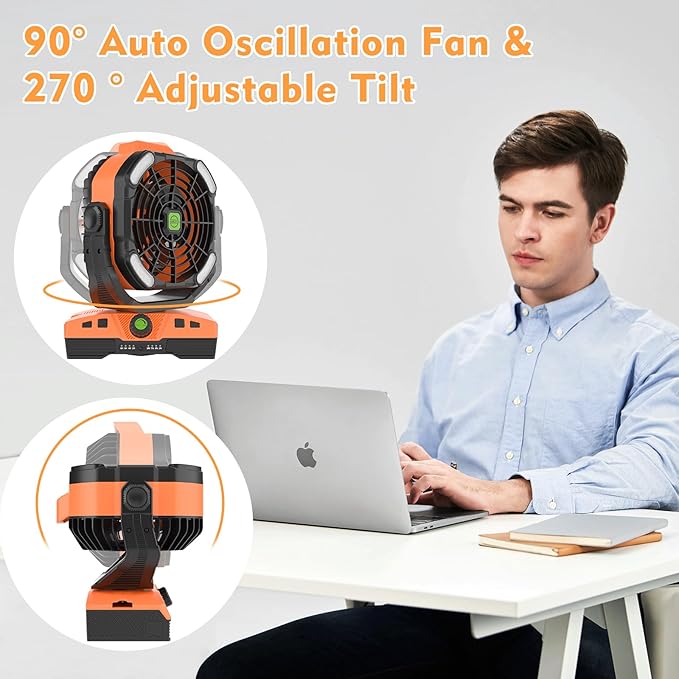 RUNTOP Oscillation Camping Fan with LED Lantern, 20000mAh Rechargeable Battery Operated Outdoor Tent Fan w/Hanging Hook, Remote Control, 4 Speeds, Personal USB Desk Fan for Camping, Jobsite (Orange)