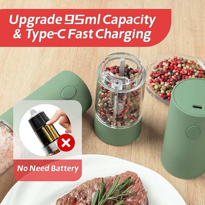 Electric Salt & Pepper Grinder Set (2 Pack) – USB Rechargeable, Adjustable Coarseness, One-Handed Operation with LED Light – Automatic Spice Mill Shaker for Kitchen, Dining, or Camping