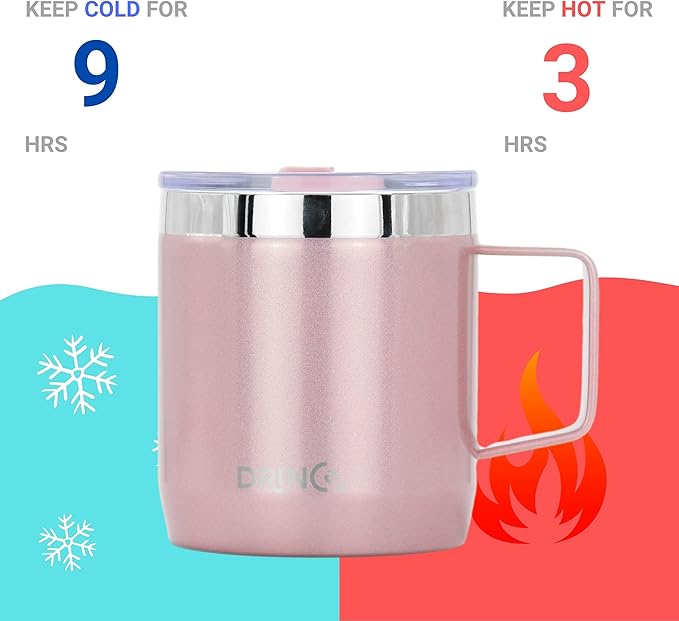Drinco 16 oz Coffee Mug, Vacuum Insulated Camping Mug with Lid, Double Wall Stainless Steel Travel Mug Insulated Tumblers Coffee Mugs Coffee Cups Tea Cup (14oz Bling Rose Gold)