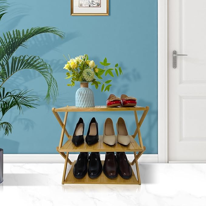 Foldable Bamboo Shelf, Folding Shoe Rack, Flower Rack, Camping Rack, No Installation Required, Portable, Space Saving, Multi-Purpose Storage Rack (Natural, 3Tiers)