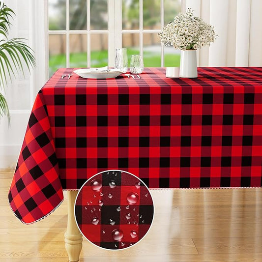 misaya Rectangle Waterproof Vinyl Table Cloth, Buffalo Flannel Backed Tablecloth, Wipeable Plastic Table Cover for Dinner, Kitchen, Picnic (60" x 84", Red and Black)