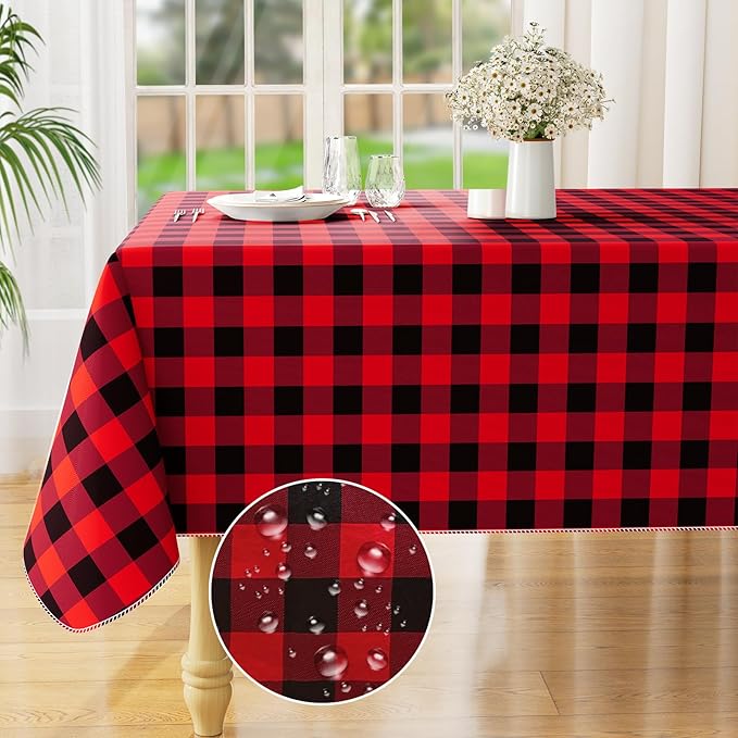 misaya Rectangle Waterproof Vinyl Table Cloth, Buffalo Flannel Backed Tablecloth, Wipeable Plastic Table Cover for Dinner, Kitchen, Picnic (60" x 120", Red and Black)
