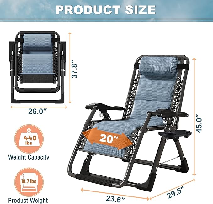 ABORON Zero Gravity Chair,Premium Outdoor Lawn Folding Lounge Chairs,Sturdy Adjustable Reclining Patio Chairs with Built in Cushion,Headrest & Tray