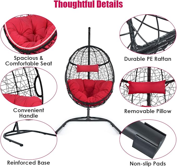Giantex Hanging Egg Chair, Swing Chair with C-Hammock Stand Set, Hammock Chair with Soft Seat Cushion & Pillow, Multifunctional Hanging Chairs for Outdoor Indoor Bedroom (Red)