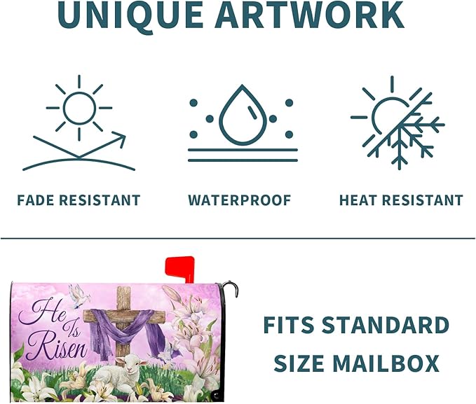 He is Risen Cross Christian Mailbox Cover Magnetic Standard Size 21x18 Inch Spring Easter Letter Box Wrap Religious Lily Floral Sunrise Lamb decorative Dust-Proof Letterbox Covers for Home Garden Yard