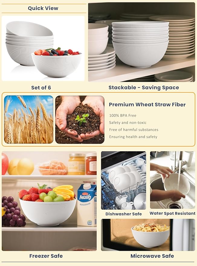 Homienly Wheat Straw Bowls with Unique Texture Design, 40 OZ Salad Bowls for Kitchen, Camping, Unbreakable Microwave and Dishwaher Safe Bowl Set, Stackable Cereal Bowl for Serving, Ramen-White