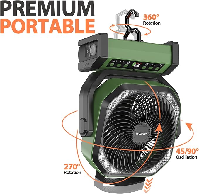 MORECORE 20000mAh Rechargeable Camping Fan with Light, 112HRS Running, 8-Speed, Auto Oscillating, Timer, LED Digital Display, 270°Pivot with Hook for Tent RV Emergency Garage-Army Green