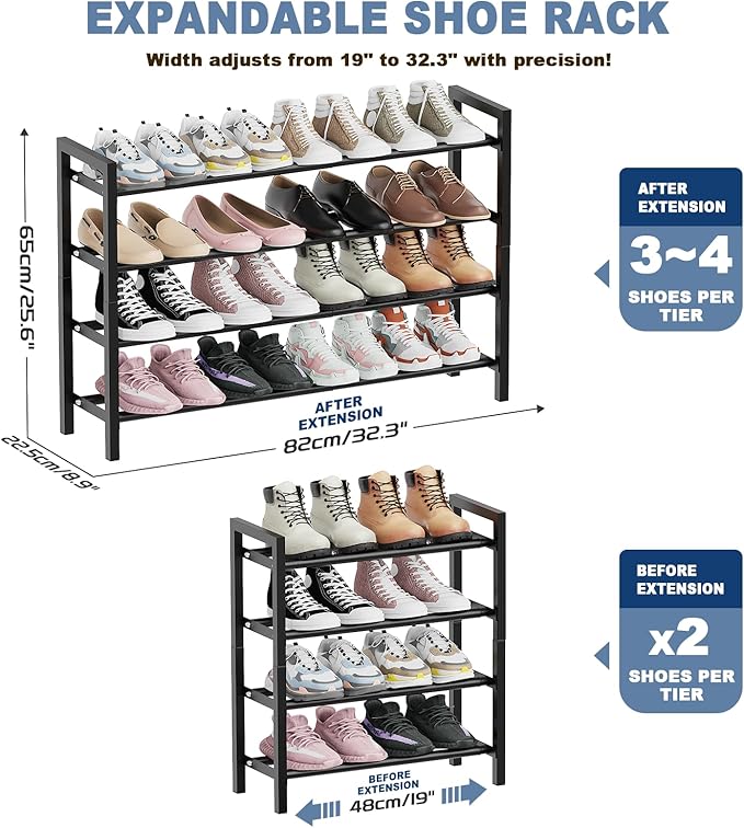 Mavivegue Expandable Shoe Rack, 4-Tier Shoe Organizer for Closet, Adjustable Shoe Rack for Front Door Entrance, Entryway