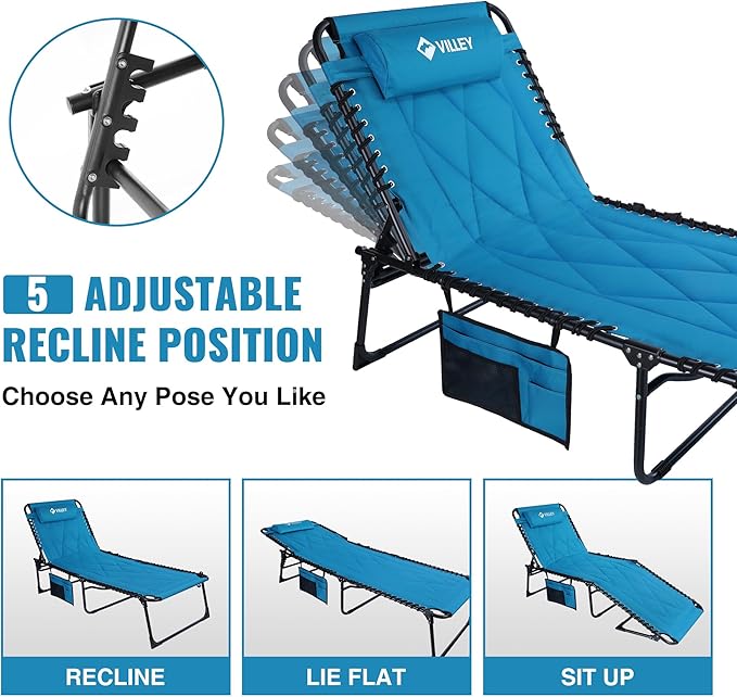 VILLEY Oversized Padded Chaise Lounge with Cushion, Foldable Camping Cot, Patio Reclining Lounge Chairs, Folding Sleeping Bed for Outdoor, Indoor, Backyard, Garden, Camping, Relaxing, Beach Tanning