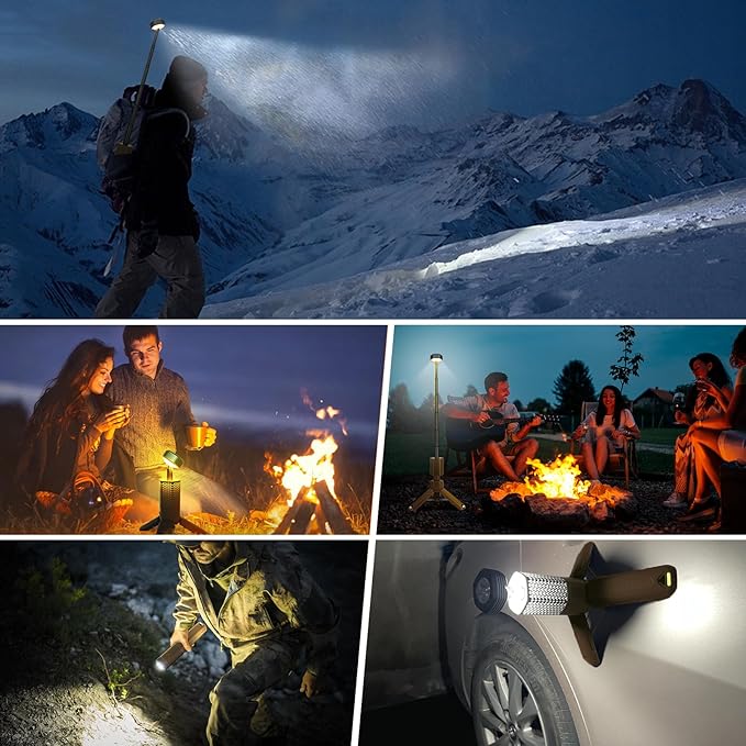 Telescopic Camping Lights,Portable Camping Lantern with Storage Bag,10500mAh Rechargeable Outdoor Adventure Emergency Light,Waterproof LED Work Lights with Magnetic (Khaki)