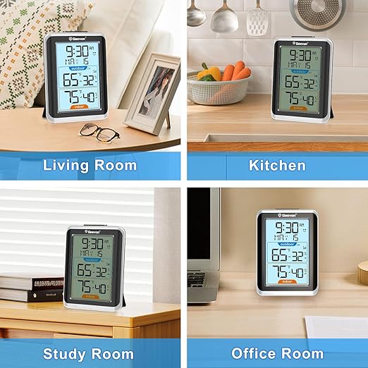 Geevon Wireless Indoor/Outdoor Thermometer & Hygrometer, Digital Temperature & Humidity Sensor with Time, Clock, 200ft/60m Range, 3.8‘’ Large Display