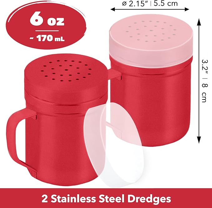 CUSINIUM 6oz Red Stainless Steel Salt Pepper Dredge Shakers - With Plastic Cap - With Handle - Pack of 2
