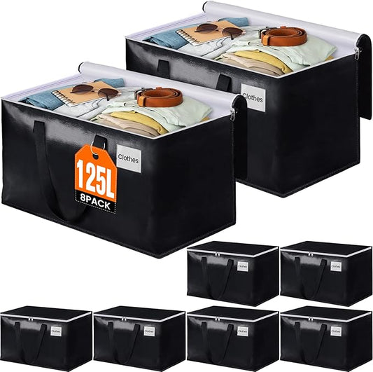 BlissTotes Moving Bags, Heavy Duty Moving Boxes with Zippers Top and Sturdy Handles, Storage Bags for Space Saving and Packing, Collapsible Moving Supplies, Storage Totes (125L, 8-Pack, Black)