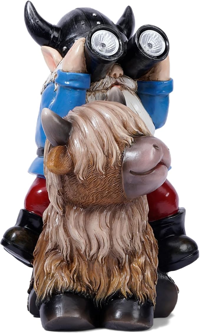 Garden Gnome Statues Resin Gnome Sitting on Highland Cow Solar LED Lights Outdoor Telescope Gnome Decorations