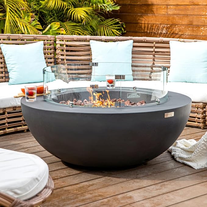 Elementi | Lunar Gas Fire Pit Cast Concrete 42" Round Fire Table, Outdoor Fire Pit Electronic Ignition | Canvas Cover, Lava Rock Included | Dark Gray (Natural Gas)