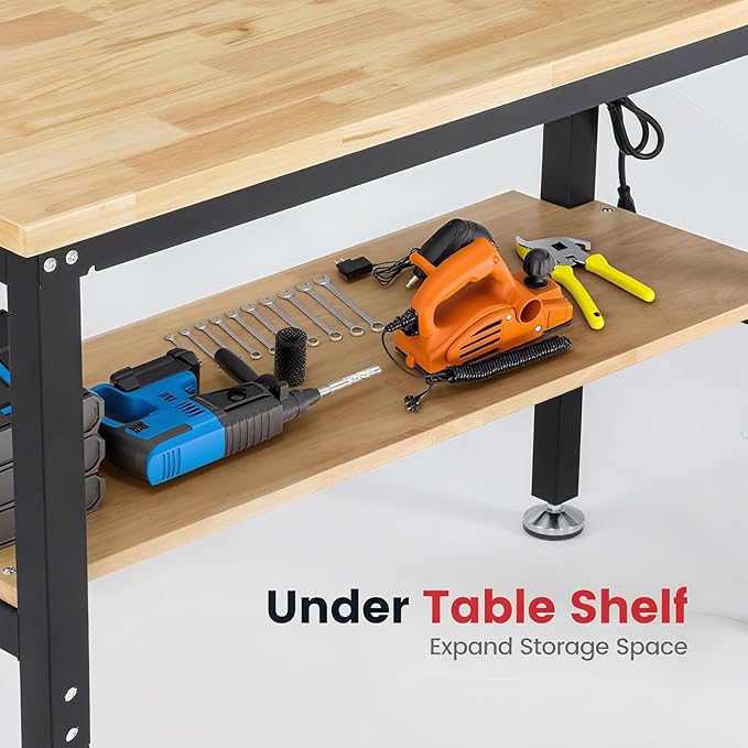 48 Inch Workbench for Garage Adjustable Height Work Bench with Under Table Shelf Pegboard Power Outlets Work Table for Woodworking, Home, Office, Workshop