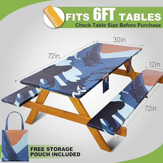 Fitted Picnic Table Cover with Bench Covers Waterproof Elastic Edges Rectangle Patio Tablecloth Outdoor Camping Essentials Stuff Rv Accessories Summer Trip Travel Supplies Party Camper Gifts, 6 ft