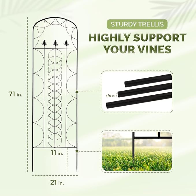 Idzo 71 in. Decorative Metal Trellis for Climbing Plants Outdoor, Heavy-Duty Steel Garden Trellis with Durable Powder Coating, Black