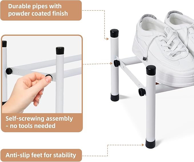 STORAGE MANIAC Expandable Shoe Rack, 4 Pairs Stackable Small Shoe Rack, Metal Adjustable Shoes Organizer for Closet, Entryway, Hallway, Garage, Front Door, Shoes Shelves, White 1 Tier