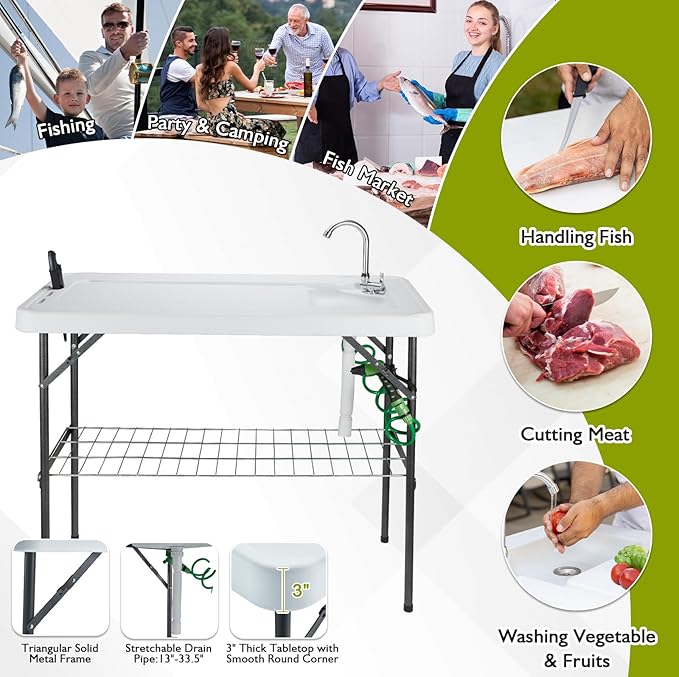 Folding Fish Cleaning Table Portable Camping Sink with Faucet Drainage Hose & Sprayer Outdoor Fillet Station Grid Rack Knife Groove for Picnic Fishing, Black