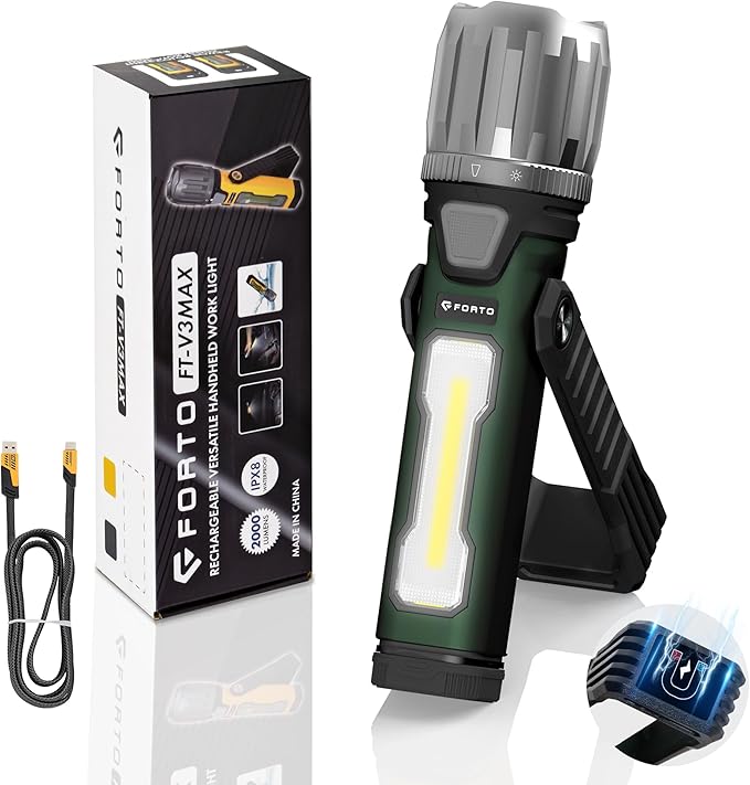 FORTO Rechargeable Work Light 2000LM Magnetic Flashlight, IPX8 Waterproof, 5000mAh, 240° Rotating Handle, for Garage, Camping, Car Repair, Hiking, Power Outage, Jobsite, Emergency (Green)