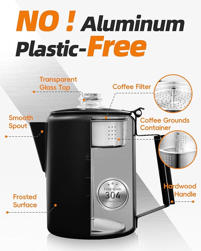 MEREZA Coffee Percolator Stovetop Camping Coffee Pot Stainless Steel 9 CUP Camping Coffee Maker Outdoor Home NO Aluminum or Plastic Black