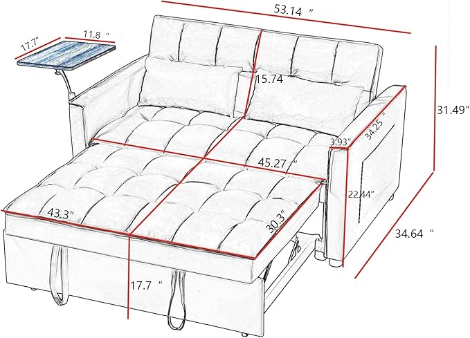53.14" Convertible Sleeper Sofa Bed with Swivel Table, Adjustable Backrest & Side Pocket, Pull-Out Velvet Loveseat Futon for Small Spaces, Easy Assembly, 3-in-1 Couch Bed for Living Room