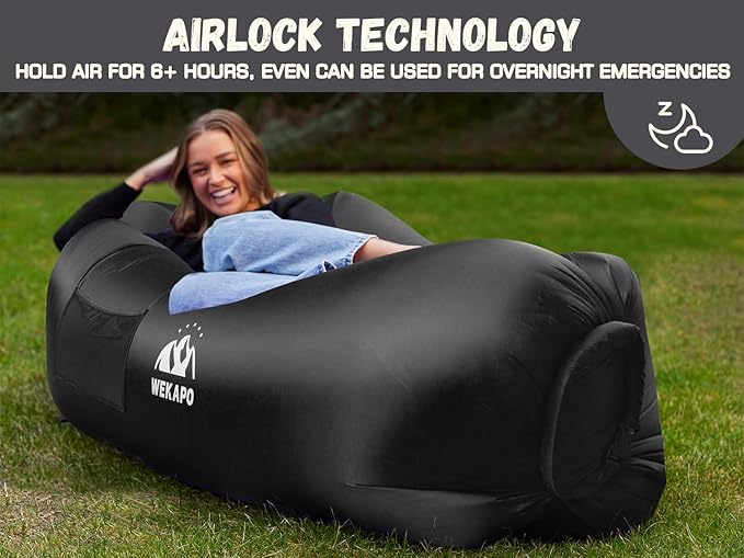 WEKAPO Inflatable Couch with Pump - Easiest Setup, Crazy Comfy & Ultralight - Blow up Lounger Chair Perfect for Hiking, Camping, Beach, Festivals - Lightweight Air Sofa for Relaxing Anywhere (Black)