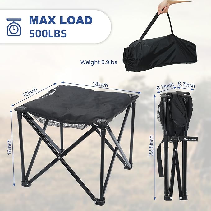 Padded Camping Stool, 18 Inch Oversized Camping Foot Rest, 500lb Camping Chairs Outdoor Footstool Portable Camping Ottoman for Camping Gardening Fishing w/Storage Net Carry Bag (1, Black)