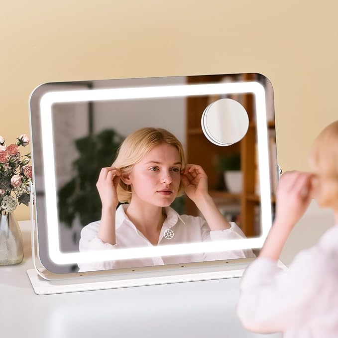 MINISO Vanity Mirror with Lights, 16" x 12" LED Makeup Mirror, Light & Brightness Adjustment, Smart Sensor, 360°Rotation, Aluminum Alloy Metal White Frame, with 10X Magnifying Glass