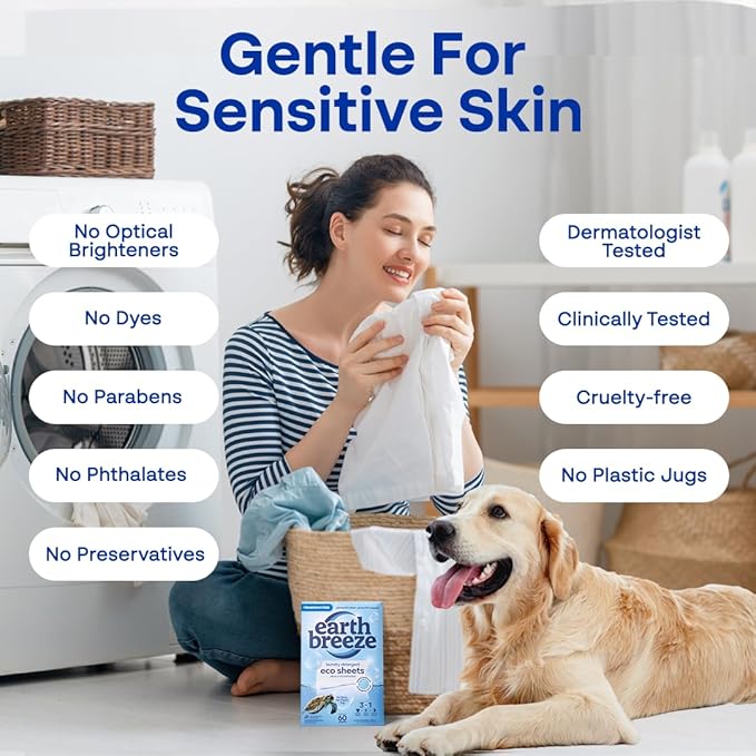 Earth Breeze Laundry Detergent Sheets Fragrance-Free - 60 Loads Eco Liquidless Soap - Travel-Friendly for Hot & Cold Cycles, Tackles Tough Stains & Odors - Gentle on Sensitive Skin, 30 Ct