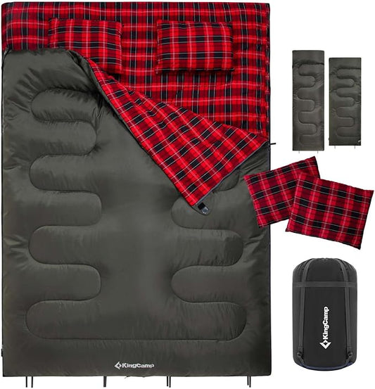 KingCamp Double Sleeping Bag for Adults, Queen Size 2 Person XXL Flannel Sleeping Bag, Waterproof Lightweight Flannel Quilt with 2 Pillows, Perfect for Couples Family Camping Hiking