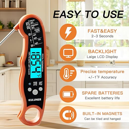 TP-01 Waterproof Digital Instant Read Meat Thermometer with 4.6 Folding Probe Backlight Calibration Function for Cooking Food Candy, BBQ Grill, Liquids,Beef(Orange)