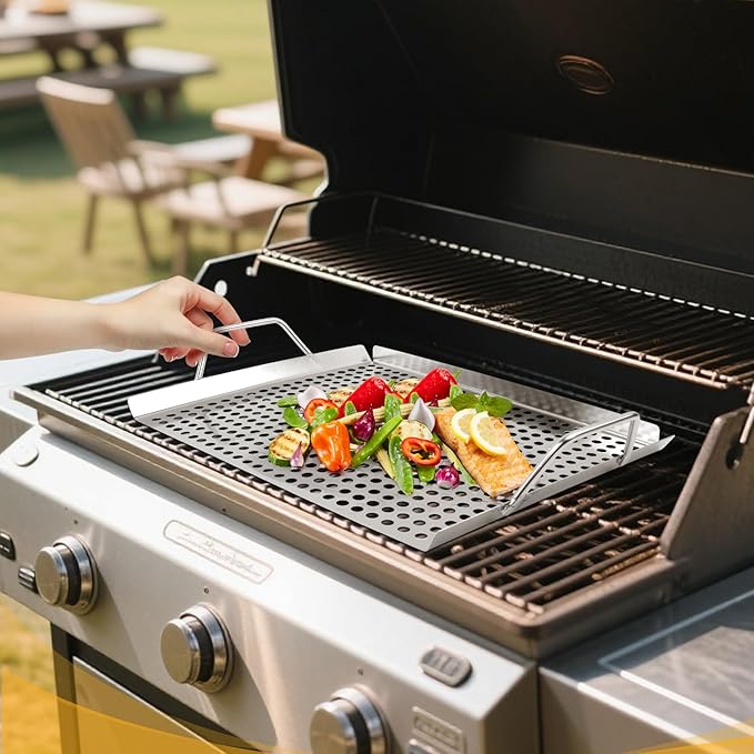 11 x 14 Inch Nonstick Grill Tray with Handles,Perforated Stainless Steel Grill Pans for Outdoor Grill,Heavy Duty Grilling Accessories for Charcoal/Gas Grills,Easy to Use and Clean
