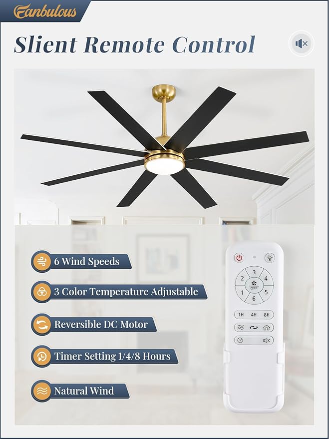 65 Inch Ceiling Fans with Lights and Remote, Gold Indoor/Outdoor Ceiling Fan with Quiet Reversible DC Motor, 6 Speeds, 3CCT, 8 Blades Large Ceiling Fan for Living Room Bedroom Patio