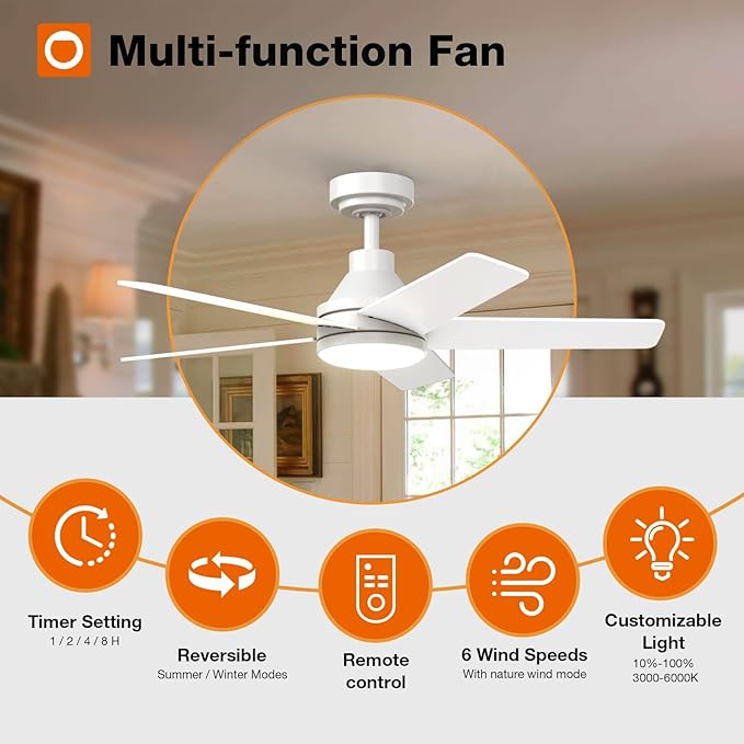 addlon Ceiling Fans with Lights, 42 inch White Ceiling fan with Light and Remote Control, Reversible, 3CCT, Dimmable, Noiseless, Small Ceiling Fan for Bedroom, Farmhouse, Indoor/Outdoor Use