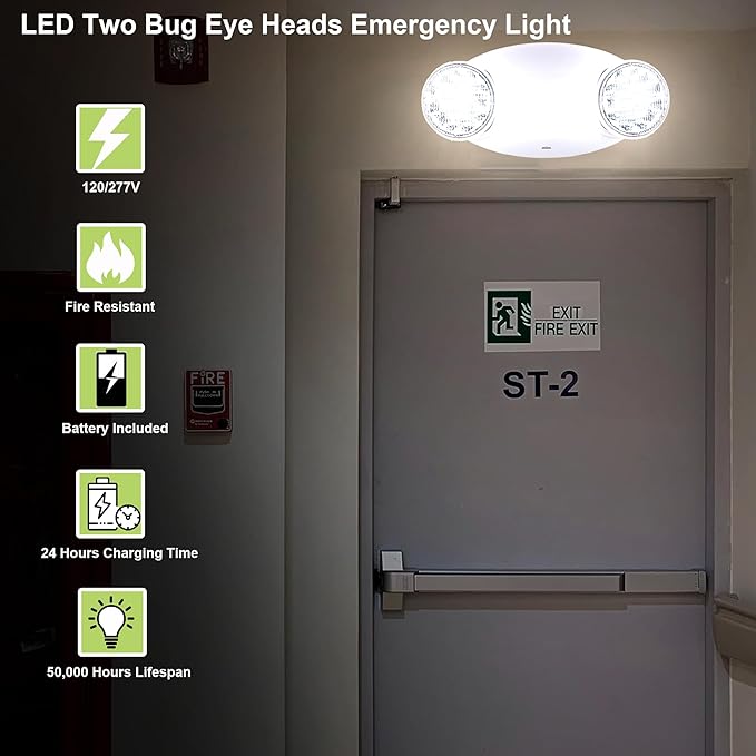 LIT-PaTH LED Emergency Lighting Fixtures with 2 LED Bug Eye Heads and Back Up Batteries- US Standard Exit Light, UL 924 and CEC Qualified, 120/277 Voltage, White, 4-Pack