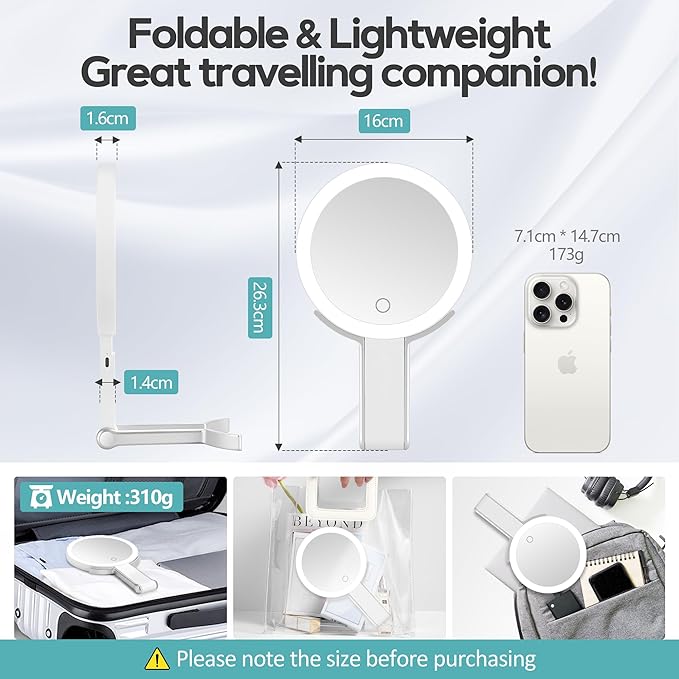 B Beauty Planet 30x/1x Magnifying Travel Mirror with Light, Double-Sided Rechargeable Adjustable Brightness 3 Colour Lighting, Folding, Handheld/Hangable/Tabletop, 3 Ways Using Mirror, White